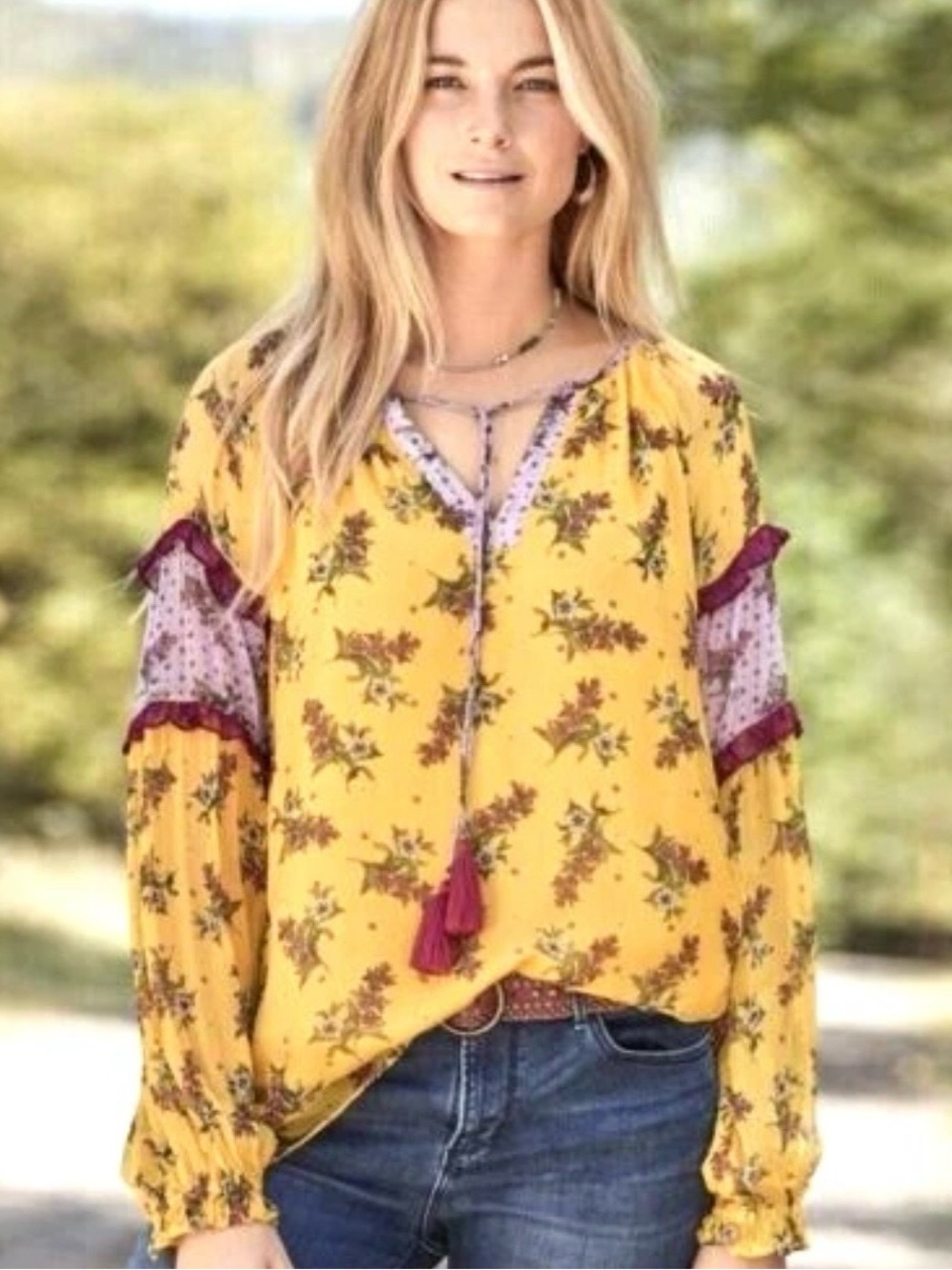 Sundance Floral Dreams Blouse Tassel Ties Split V Neck 100% Cupro Size XL FLAW